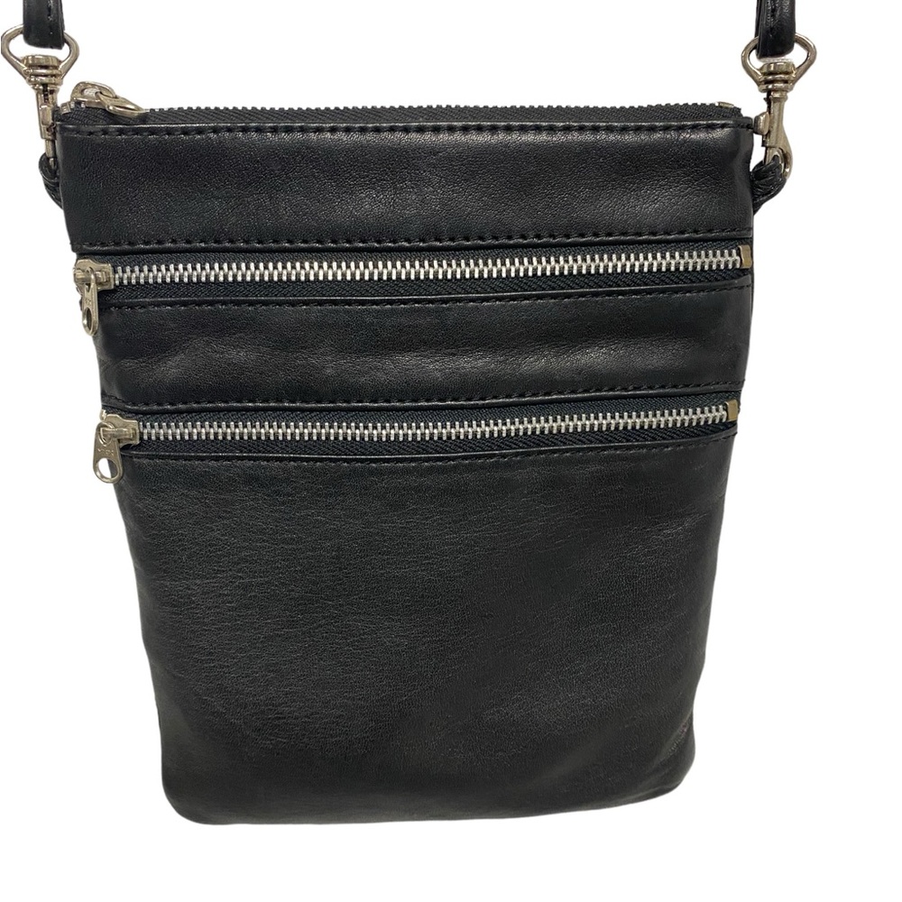 L.J.S. Collection black leather crossbody purse with 3 zip pockets